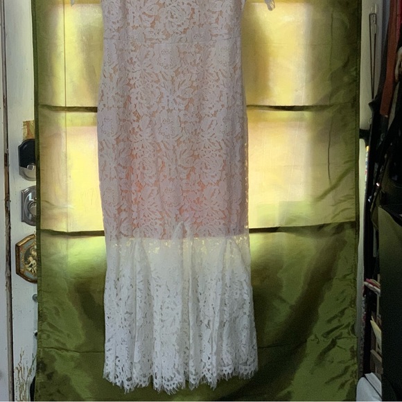NWOT Just Me size Large White Lace Nude Lining Mermaid Midi Dress Short Sleeves - Picture 3 of 11